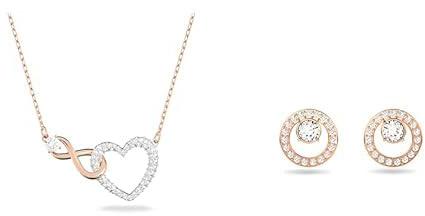 Swarovski Infinity Halskette, Unendlichzeichen und Herz, Weiss, Metallmix & Creativity Ohrstecker, Rund, Weiss, Roségold-Legierungsschicht