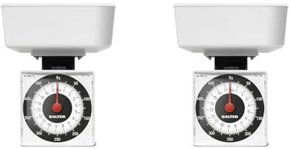 Salter 022 WHDR Balance de Cuisine Diététique Mécanique avec Bol, avec Aiguille, Capacité 500g, Incréments de 5g, Précis Portions, Balance s'adapte à l'Intérieur du Plateau, Blanc, Lot de 2