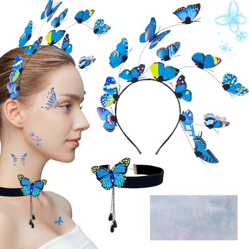 Schmetterling Haarreif, 3 Stück Kostüm, Tattoo, Fascinator Stirnband, Stirnbänder für Karneval Fasching Halloween Tägliche Kostümparty