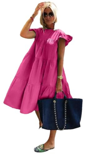 Vestido holgado de manga corta para mujer, casual, con volantes, cuello redondo, vestido midi para vacaciones, fucsia, XXL