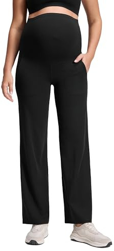 CRZ YOGA Butterluxe Women's Maternity Wide Leg Pants 31.5 - Over The Belly Pregnancy Trousers with Pockets High Waisted Casual Pants Black 14