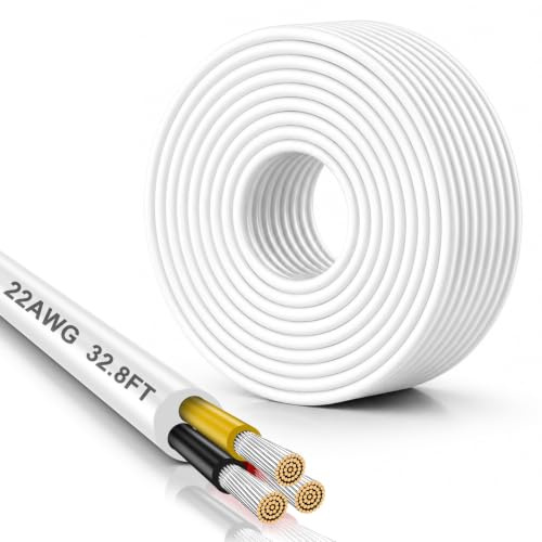 DEKIEVALE White 22AWG 3 Core Electrical Wire, 3x0.3mm² Tinned Copper Cable, 10M Flexible Low Voltage Extension Wire for 5V/12V/24V, LED Lighting, Automotive Wiring and Speaker Applications