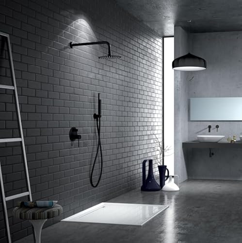 IMEX - Ducha Empotrada Negra Monomando | Kit de Grifería Empotrado con Alcachofa y Rociador Antical Efecto Lluvia | Columna Ducha Empotrada en Latón y Acero Inox S.304 | Serie Milos