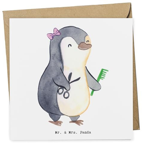 Mr. & Mrs. Panda Deluxe Karte Friseurin Herz - Geschenk, faltkarte, Grußkarte, Frisörbesuch, Friseursalon, Haare Schneiden, Klappkarte, Glückwunschkarte, anlasskarte, Frisörin, Ab, Eröffnung Friseur
