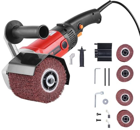 VEVOR Pulidora de Metales Eléctrica de Mano de Superficies, 1200 W y 6 Velocidades Variables, con 4 Ruedas de Pulido de Fibra para Acero Inoxidable y Metales no Ferrosos, 450 x 210 x 210 mm, Rojo