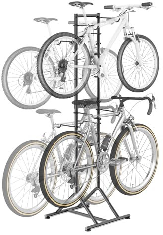 Mimoke Porte-vélos pour le garage & la maison - sans perçage, réglable en hauteur pour différentes tailles de vélos. Supports amovibles pour casques, gants et autres. Stockage vertical autonome.
