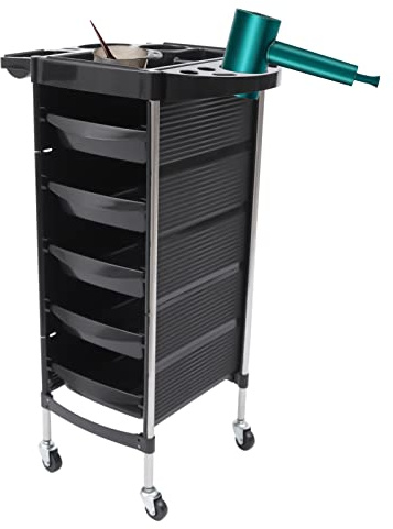 Carro de salón de belleza, peluquería, peluquería con ruedas, 5 cajones, estante lateral, para salones de belleza, peluquería, hospitales y centros de salud, negro (52,5 x 37 x 90 cm)