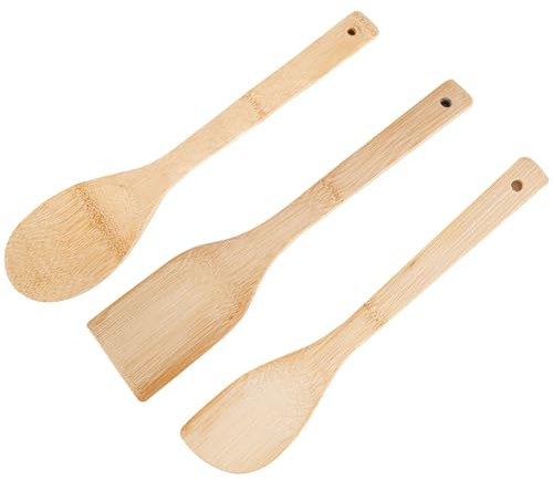 WOLMIK 3 Stück Küchenutensilien Set, Kochlöffel aus Bambus, Küchenzubehör zum Kochen, Pfannenwender Set, Küchenhelfer, Kochlöffel, Rührlöffel, Pfannenwender