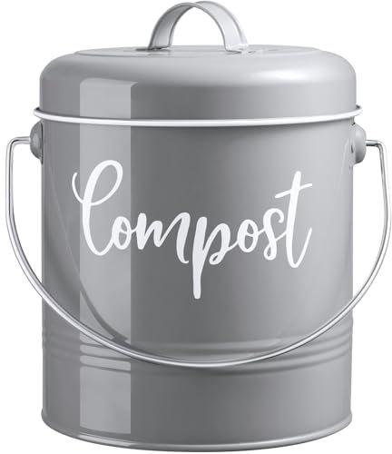DAYYET Cestino per compost grigio, da 1,3 galloni, da cucina, con coperchio e filtri a carbone, secchio per compost da interno per decorazioni e accessori