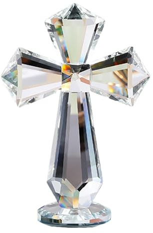 Hand-Carved Crystal Cross Desk Decor - 6 Inch Spiritual Gift for Christians, Clear K9 Crystal Religious Figurine with 360° Faceted Design, Home Altar & Office Inspirational Ornament (Transparent)