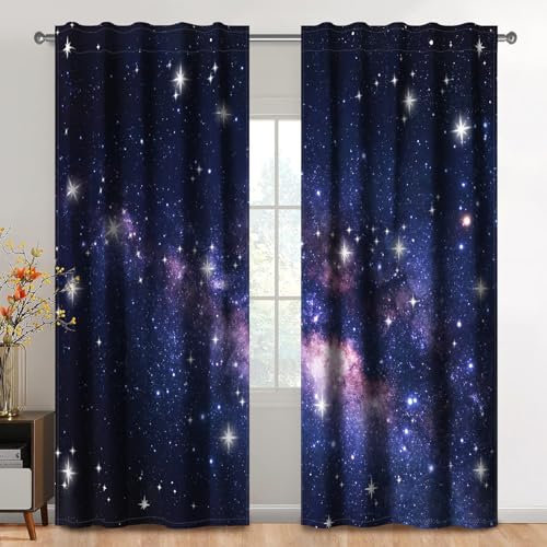Kzzfqxb 117×138cm Sternenhimmel Vorhangset aus 2 Paneelen, Mysteriöser schwarz-lila Galaxie-Sternenhimmel Vorhang für Jungen und Mädchen, Schlafzimmer Wohnzimmer Drape Vorhänge