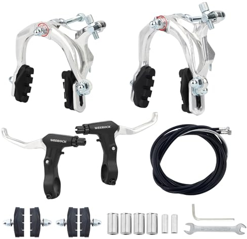 WEEROCK Bike Calip Brake Set, Front and Rear C Brake Sets, Rim Brake Set with Aluminium Alloy Brake levers, Bike Cables for Kids Bikes, BMX, Beach Bike, Commuter Bike, Silvery