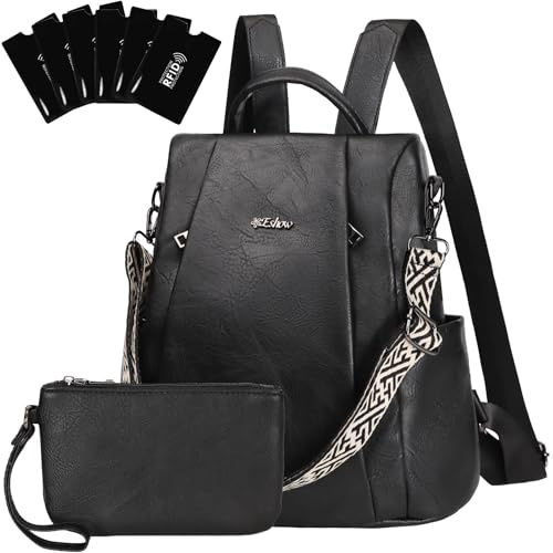Eshow Mochila Antirrobo Mujer con Neceser Pequeño, Bolso Impermeable de Cuero PU, se Puede como Bandolera o de Mano para Trabajo Viaje Universidad Escuela y Compras