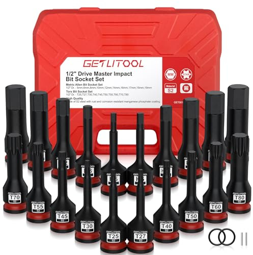 GETLITOOL Juego de 20 llaves Allen de impacto 1/2 pulgada S2 acero hexagonal y Torx, tamaño marcado, caja de almacenamiento