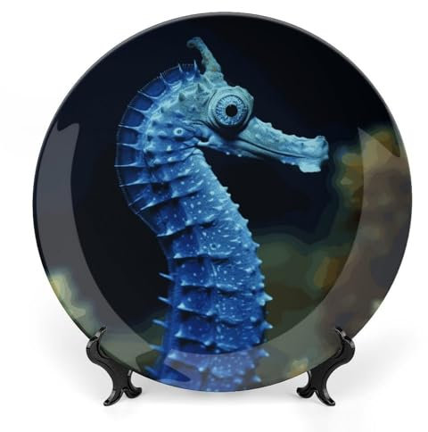 Grandes assiettes décoratives en porcelaine anglaise en forme d'hippocampe bleu de 25,4 cm pour présentation - Assiette désert en céramique avec présentoir - Assiette personnalisée en porcelaine pour