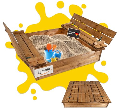 Lemodo Sandkasten Holz 115x115 cm mit Abdeckung & Sitzbänken – wetterfester Kindersandkasten mit klappbarem Deckel, imprägniertem Holz – stabile Sandkiste Outdoor für Kinder Garten Spielplatz