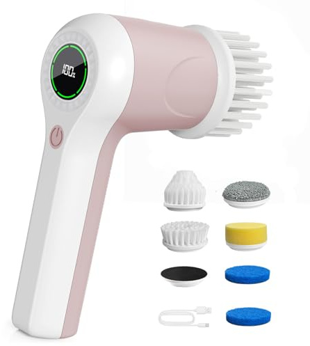 PUFTEM Electric Spin Scrubber, Cordless Shower Scrubber with Battery Level Display, 2 Speeds Electric Scrubber for Cleaning with 6 Replaceable Heads, Cleaning Brush for Bathroom/Sink/Window (Pink)