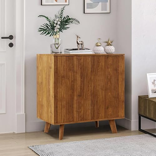GuannCraft Aufbewahrungsschrank aus Holz mit Doppeltüren und wellenförmigem Design, geeignet für Wohnzimmer, Schlafzimmer und kleine Räume (Farbe: Walnuss).