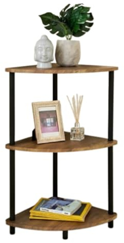 Kiswa collection Walnut Corner Table 3 Tier Oak Shelf – Modern Wooden Storage Organizer, Small Side End Display Unit for Living Room, Bedroom, Office, Home Décor Furniture