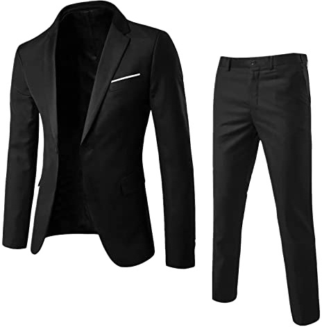 Generisch Traje de hombre ajustado, 2 piezas, traje de negocios, boda, fiesta, chaqueta, chaleco y pantalón, Negro , S