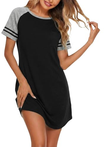Marvmys Chemises Nuit Femme Nuisette Manches Courtes Casual S-3XL | Robe de Nuit Avec Poche Poitrine Rayures Contrastées Vetements De Nuit Col rond Confortables