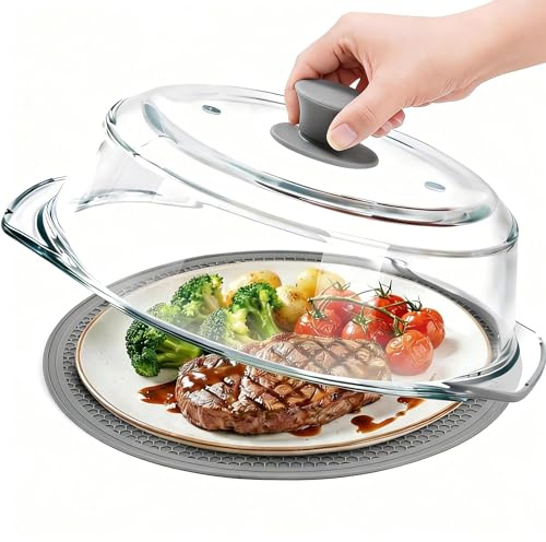 Glass Microwave Splatter Cover for Food with Microwave Place Mat - Sturdy Plate Guard Lid with Vent Holes and Easy-Grip Silicone Handle - BPA Free, Dishwasher Safe (Grey)