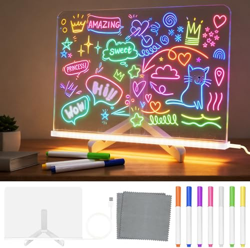 LED Maltafel mit Farben Acryl Schreibtafel, 2026 Neu LED Zeichenbrett Kinder Abwischbare Leuchtende Zeichentafel mit 7 Stiften & Ständer, Kreatives Geschenk für Kinder Büro Schule Zuhause, 30x20cm