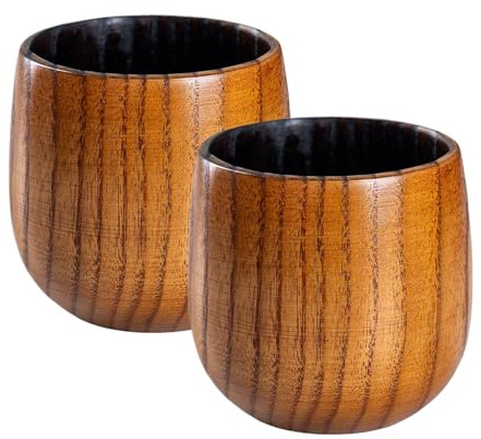 Juego de tazas de madera, 2 tazas reutilizables de estilo antiguo, vaso de bourbon carbonizado, 9,5 x 9,5 cm, vajilla rústica duradera | para papá, cumpleaños, té, café, vino, cerveza, bebidas frías y
