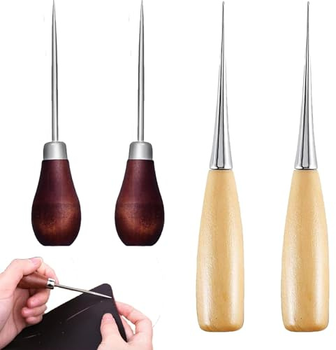 4 Pack Gourd Shape Awls Tools, Wooden Handle Awl Tools for Leather Craft Sewing Upholstery DIY Woodworking Piercing Punching Gourd Shape Awl Kit for Leather Cloth Paper Canvas Fabric
