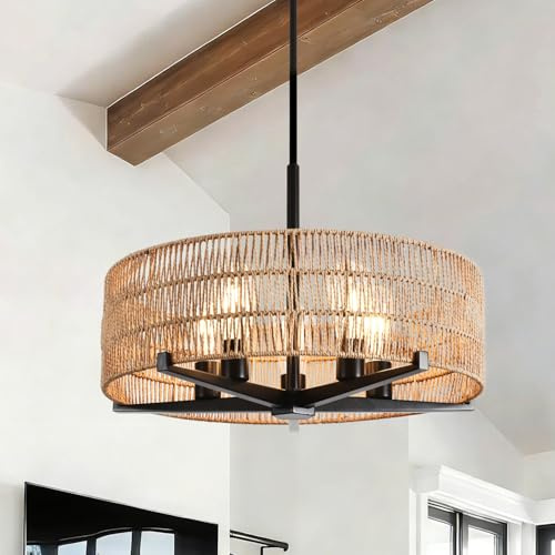 Guang Shuo Large Boho Rattan Chandelier,Farmhouse Chandelier for Dining Room Modern Pendant Light Fixture 5-Light Hand Woven Pendant Light Rustic Ceiling Hanging Lighting for Kitchen Island