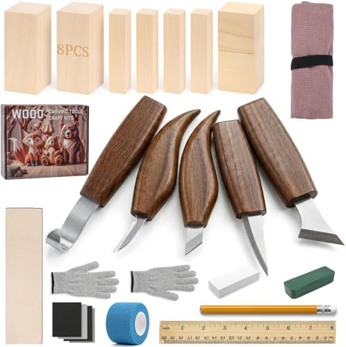 PUYUKO 26 Pcs Woodworking Tools Kit, Wood Chisel Sets, Whittling & Cutting Accessories with 8 Basswood Blocks, 5 Carving Tools & Leather Strop, DIY Wood Turning& Flexcut Equipment Gift for Beginners