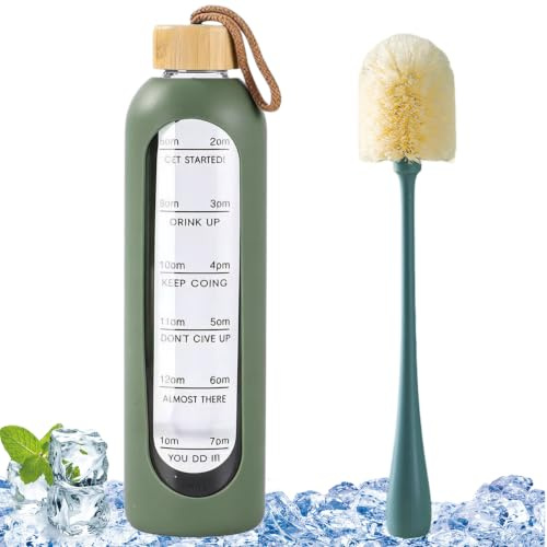 Botella de cristal de 1 l, botella de cristal de 1 l, apta para bebidas carbonatadas, 1000 ml, botella de agua con cepillo y funda de silicona, a prueba de fugas, sin BPA, para deportes, exteriores