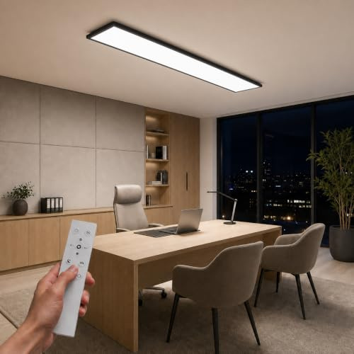 LEOEU LED Panel Deckenleuchte 100x25CM Schwarz, Deckenlampe mit Fernbedienung, 30W 3800LM Deckenlampe Dimmbar 3000K - 6500K, Deckenleuchte Büro mit Speicherfunktion, Deckenpanel für küche Wohnzimmer