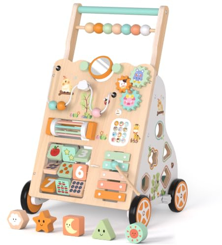 Fozcmisw Lauflernwagen Holz Montessori Schiebewagen ab 1 Jahr, 10 Spiele | Zwei Höhen (500/547 mm) und regelbare Geschwindigkeit: wächst mit dem Kind und hält das Lauftempo sicher unter Kontrolle