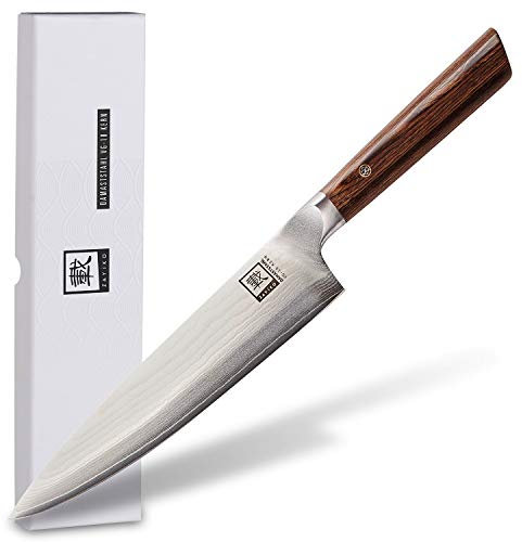 zayiko Kasshoku Küchenmesser Damast Messer | 20 cm Küchenmesser Klinge aus 67 Lagen Damaststahl mit VG10-Kern | Pakkaholzgriff | für Fleisch, Gemüse & Kräuter | Kochmesser in Geschenkbox