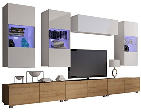 Moderne Wohnwand Calabrini XI, Anbauwand, Hängevitrine, TV Lowboard, Wandregal, Mediawand, Wohnzimmerschrank, Fernsehschrank (mit weißer LED Beleuchtung, Eiche Gold/Weiß + Weiß Hochglanz)