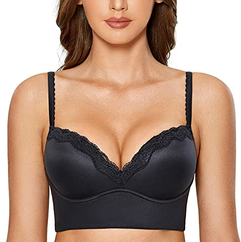 DOBREVA Dam Push Up-bh med bygel och vaddering i spets | Långärmad, Djup V-ringning, Spetskant, Urringning, Slät, Sömlös, T-shirt, Vardags, Bekväm