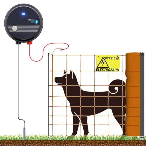 VOSS.farming 100m Hundezaun Komplettset Orange für große Hunde, Weidezaungerät Elektronetz Erdanschlussset Warnschild Reparaturset, Garten Hütesicherheit Elektrozaun Hundezaun Hund