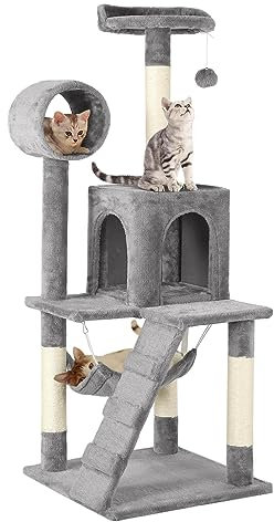 Yaheetech 136.5cm Tall Cat Tree, Cat Tower Play House and Climbing Activity Centre with 4 Scratching Posts/Condo/Hammock/Ladder for Indoor Kittens, Light Grey