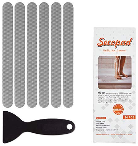 Secopad Anti-Rutsch Aufkleber 24 Stk Sicherheitsstreifen für Badewanne, Klebende Sticker mit Premium Schaber für Badewanne, Dusche, Treppe (Grau)