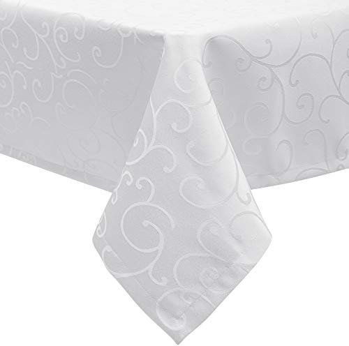 EUGAD Tischdecke Abwaschbar Damast mit Ornamenten und Seidenglanz, Rechteckig 130x280 cm, Tischtuch mit Saum Bügelfrei Pflegeleicht, Ideal für Küche und Wohnzimmer, Weiß