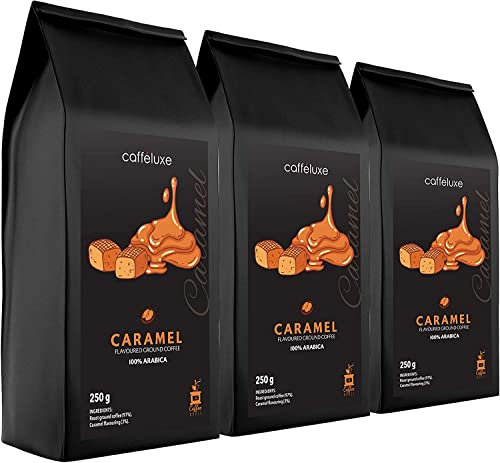 Caffeluxe - Roasted Arabica Beans - Naturally Flavoured Ground Coffee - Natural Caramel Flavouring -750g Coffee - 3 Pack (3 x 250g Bag)