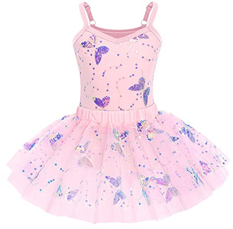 IWEMEK Mädchen Ballettkleid Ärmellos Pailletten Schmetterling Balletttrikot Ballettanzug Tanzkleid Tanzbody Top mit Tütü Rock Ballettrock 2tlg Kinder Ballettkleidung Gymnastik Rosa 3-4 Years