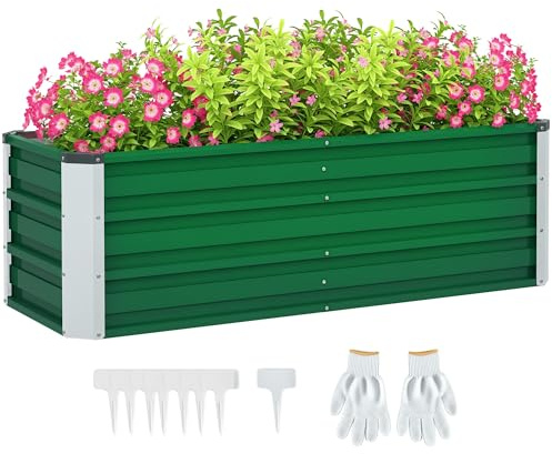 Outsunny Arriate de Jardín de Acero Incluye Guantes Huerto Urbano Jardinera Macetero Rectangular para Cultivos Plantas Flores para Terraza Balcón Exterior 125x47x40 cm Verde