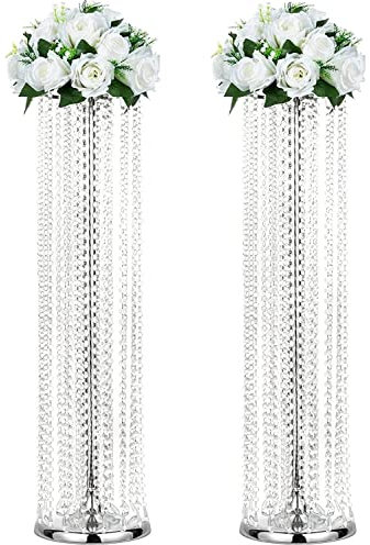 LANLONG 2Pcs Luxurious Crystal Flower Stand Wedding Centerpieces on Floor Tall Metal Flower Arrangement Stand Tabletop Flower Vase for Wedding Party Hotel Home Decor