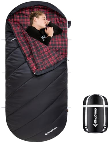 KingCamp Camping Sleeping Bag- XL with Hood, Extra Tall Big Wide Cotton Flannel Lined Portable Packable Sleeping Bags for Cold Warm Weather Backpacking, Hiking, Travel, Outdoors, Black-Large