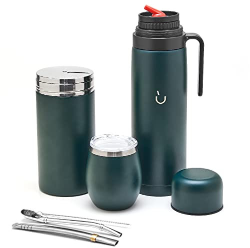BALIBETOV Yerba Mate Tasse Set - Modern Yerba Mate Tasse, Thermos, Yerba Mate Conteneur (Yerbero), Bombilla (Mate Paille) et brosse de nettoyage - Acier inoxydable 304 18/8 (Vert)
