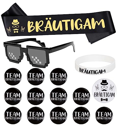TGFIX 15 Stück Bräutigam Button Schärpe Set Groom Satin Schärpe Schwarz JGA Deko Männer Accessoires mit Pixelig Mosaik Brille Abzeichen Armbänder für Junggesellenabschiede Verlobungen Hochzeiten