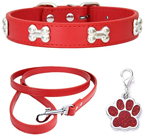 HALFSUMO Hundehalsband Leder Halsband Hundeleine Combo Set Hundehalsbänder Verstellbares Welpenhalsband für Kleine Mittelgroße Hunde Katzen Rot XS