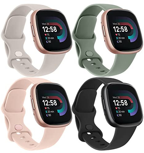 Vancle 4Pack Silikon Sport Armband für Fitbit Versa 4/3, Sense 2/1 - Damen Herren Ersatzarmbänder (S, Schwarz/Starlight/Rosa/Avocadogrün)